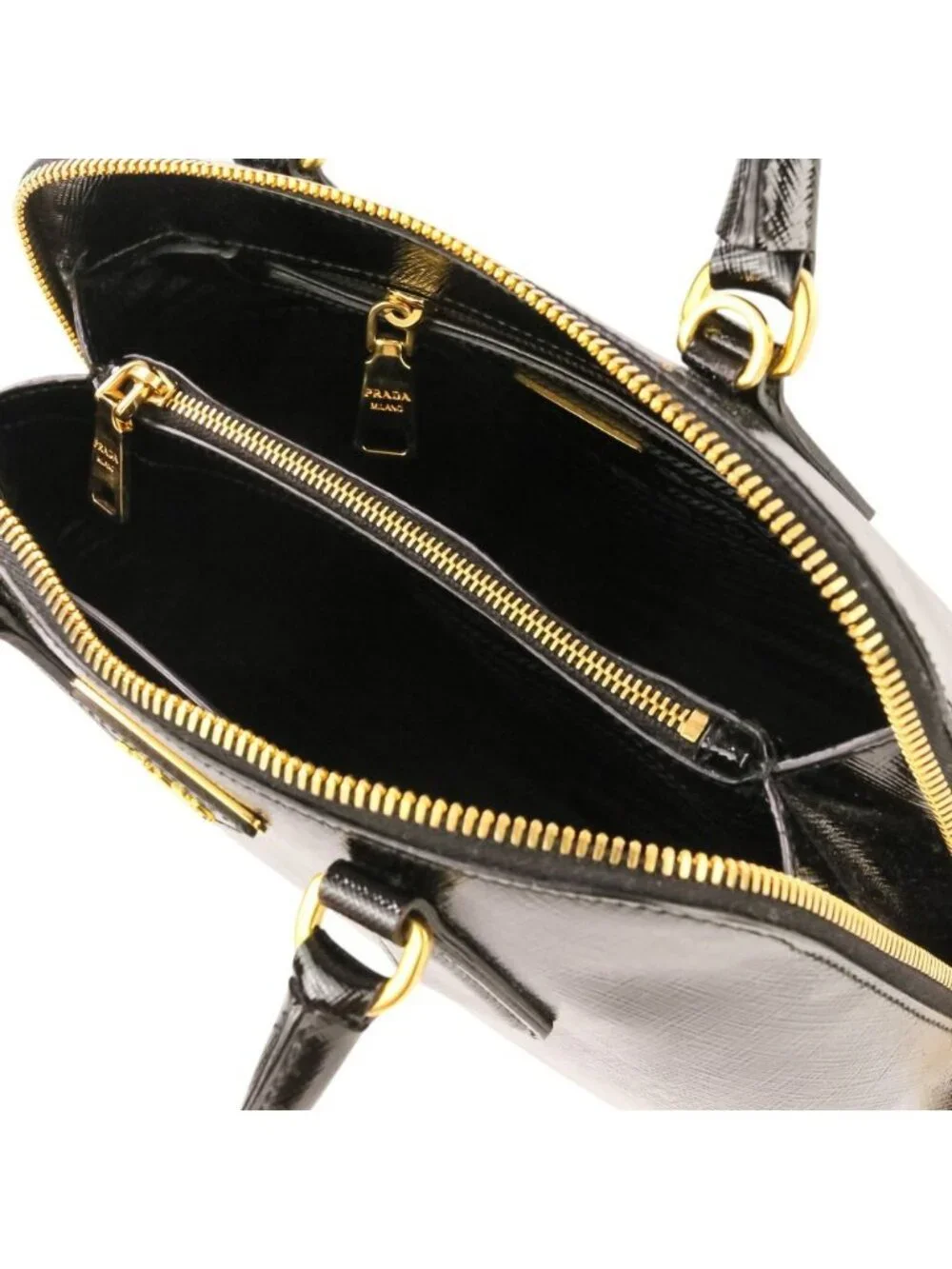 Prada Triangle Logo Leather Saffiano Vernis Clock 2-Way Shoulder Bag Black